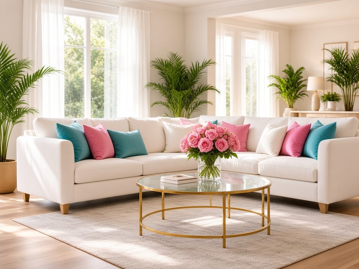 Bright living room with a white sofa, pink roses, turquoise pillows, and a gold coffee table.